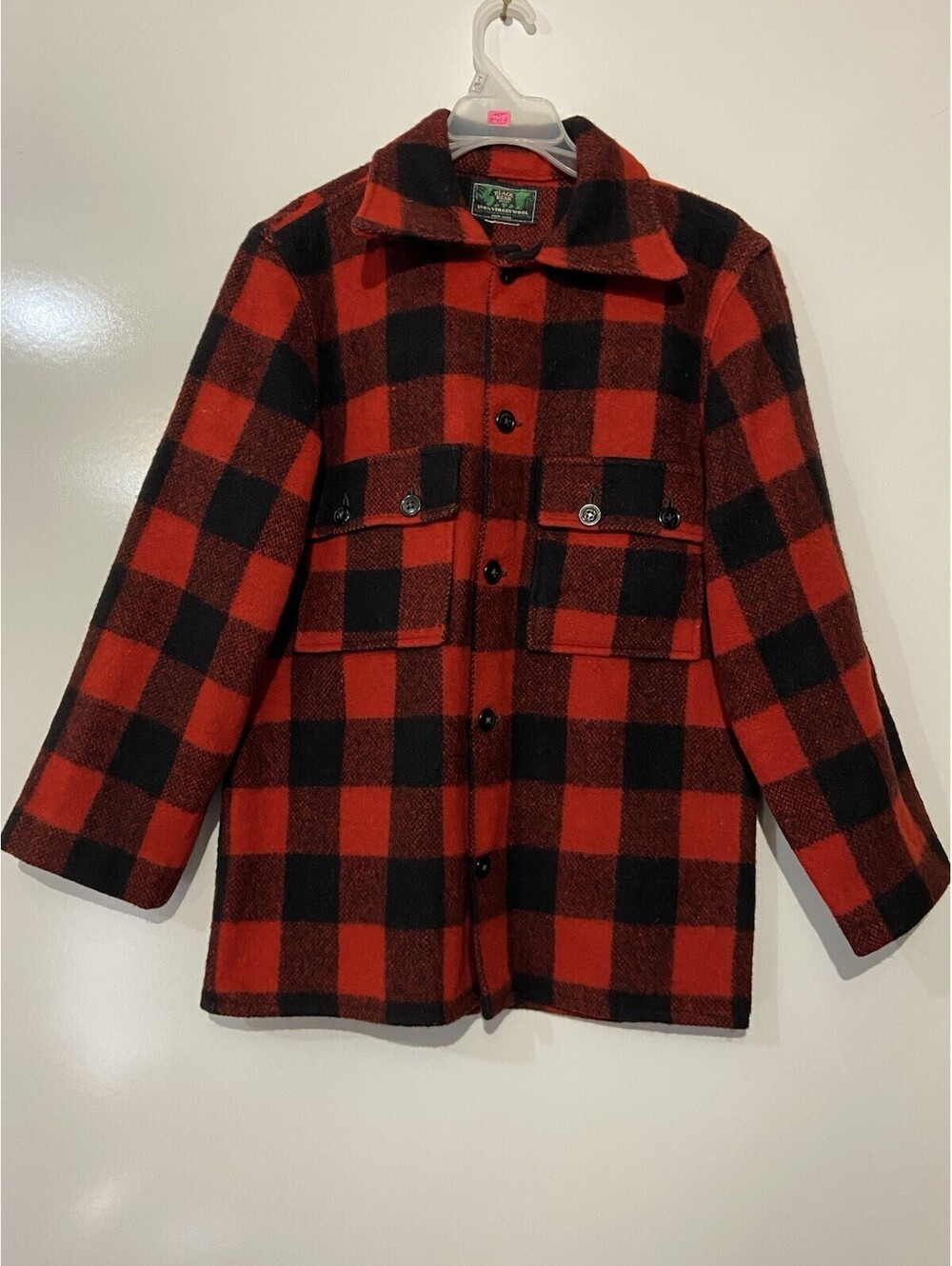 Mens BLACK BEAR Vintage Red/Black Plaid Wool Hunting Coat Sz S